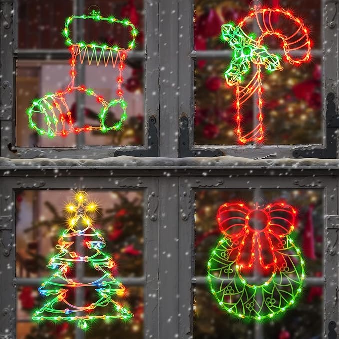 4 Pack Christmas Window Silhouette Lights, Lighted Candy Cane,Christmas Tree,Wreath and Christmas Stocking of Double Sided Decorations with 200 Count Incandescent Mini Light