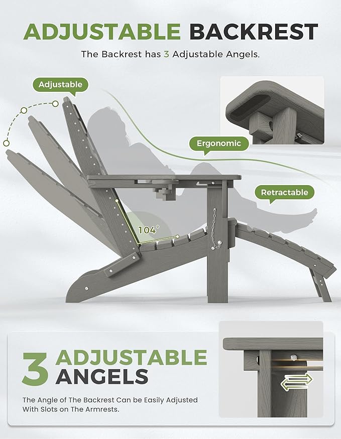 Ciokea Folding Adirondack Chair with Retractable Ottoman Fire Pit Patio Chair with Pull Out Foot Rest Weather Resistant Lawn Outdoor Chair with 2 Cup Holder (Grey Set of 2)