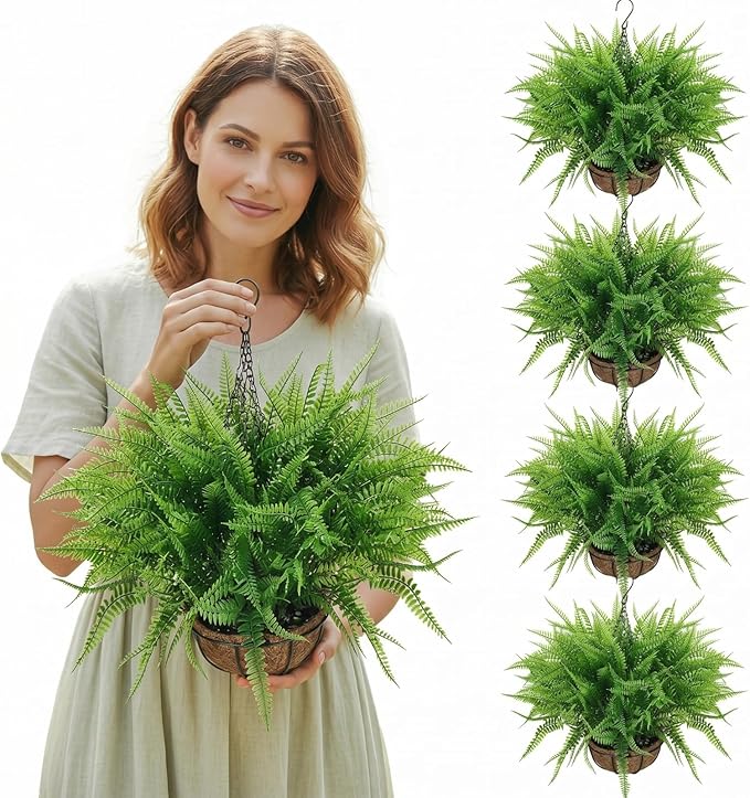 Giegxin 4 Pack Artificial Flowers Outdoor Small Fake Fern Plants 4 Hanging Basket Planters with 30 Pcs Fern Faux UV Resistant Plastic Plants for Front Porch Living Room Garden Decor