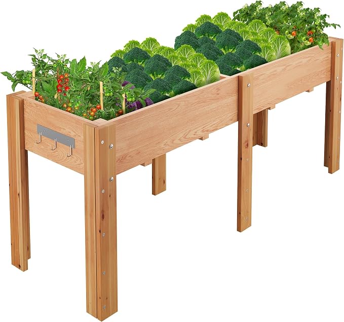 72x 23x30IN Raised Garden Bed Outdoors with High Legs & Hooks, Non-Woven Liner, Elevated Wooden Large Planter Box for Backyard, Patio, Balcony w/Divider Panel, 6 Legs, 300lb Capacity