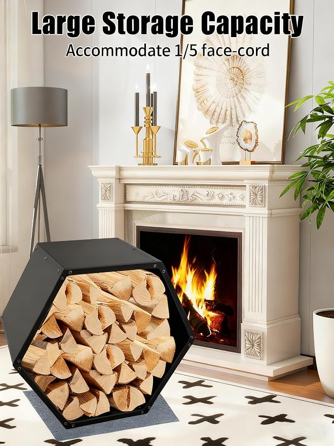 Firewood Log Rack, Heavy-Duty Steel Firewood Rack Outdoor with Hexagon Design, Fire Log Holder for Wood Storage, Wood Holder for Indoor and Outdoor- Black