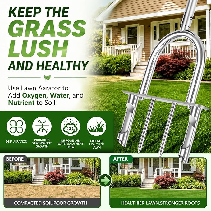 Bigwish Manual Lawn Core Aerator Tool with 2 Hollow Tines & 2 Spikes, Adjustable Semi-Assembled Plug Aerator, Stainless Steel Grass Aerator for Lawn Care, Garden & Yard, Relieves Compacted Soil