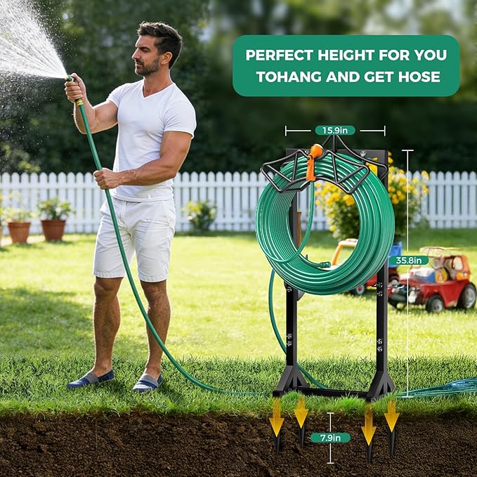 Garden Hose Holder Holds 160Ft Hoses, Heavy-Duty Freestanding Hose Reel with 2 Tool Hooks, Rustproof Freestanding Hose Stand with 4 Spikes Water Hose Hanger Storage Reel Rack for Outside, Yard, Lawn