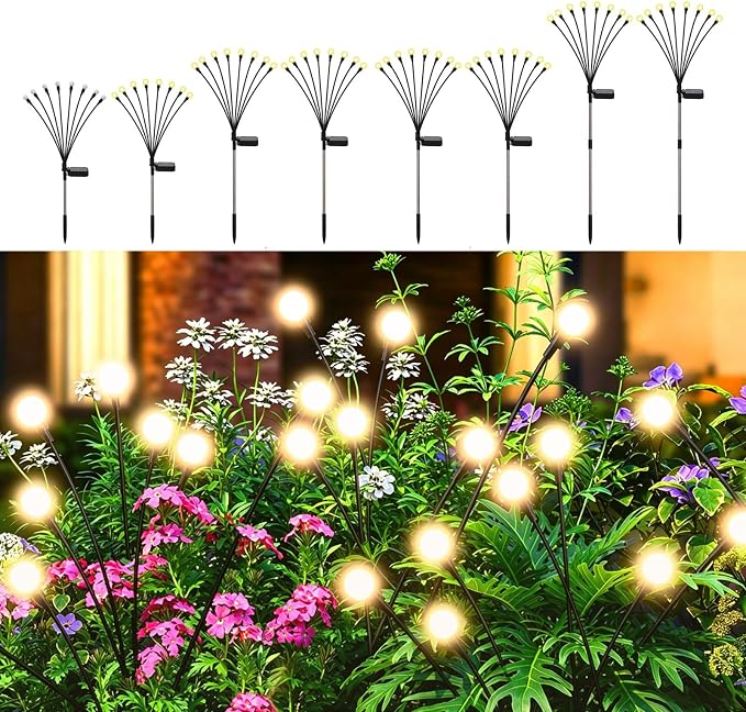 Solar Firefly Lights Warm White, 8 Modes 800mAh Swaying Firefly Yard Lights Solar Powered Outdoor Waterproof for Outside Yard Patio Lawn Pathway Walkway Stake Christmas Garden Decor (8 Pack)