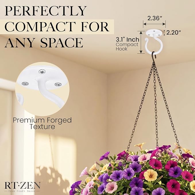 RTZEN Plant Hangers Outdoor or Indoor - Wrought Iron Metal Hanger Indoor Hook - Heavy Duty Wall Bracket Hooks for Hanging Plants Baskets Lanterns Bird Feeders - 2 Pack (White Ceiling Hooks 3.1")