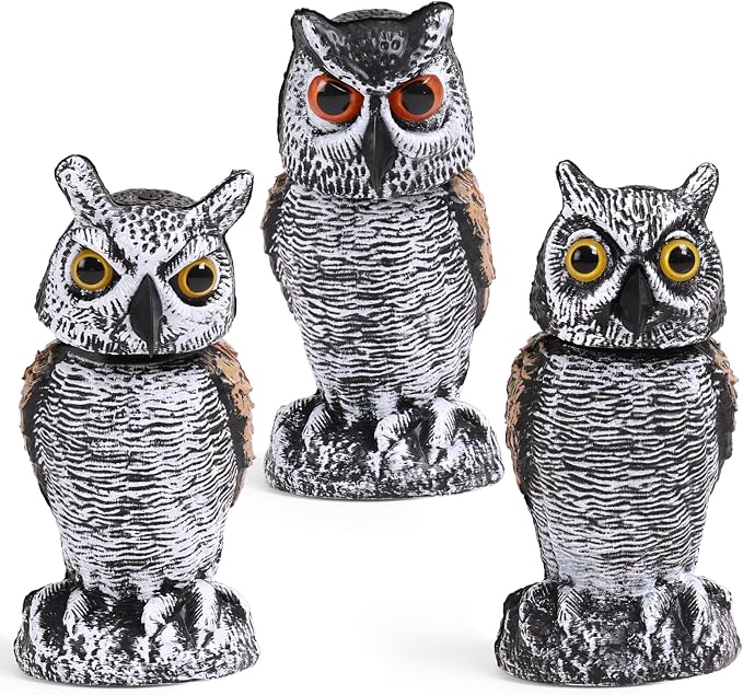 OFFO 3 Pack Fake Owl, Owl Statue for Garden and Yard Decoration, Weatherproof Plastic Rotating Head Outdoor Owl Decor for Porch Pool Patio Yard, 8-Inch Height, Round + Long + Short Ear Owl