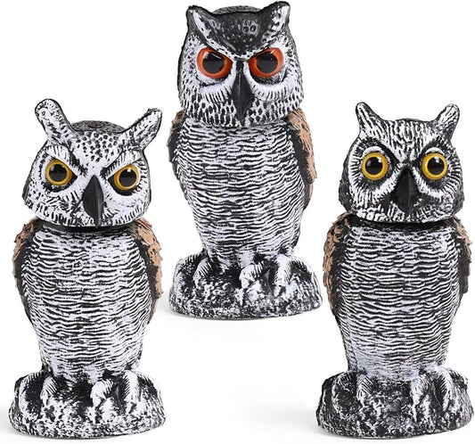 OFFO 3 Pack Fake Owl, Owl Statue for Garden and Yard Decoration, Weatherproof Plastic Rotating Head Outdoor Owl Decor for Porch Pool Patio Yard, 8-Inch Height, Round + Long + Short Ear Owl