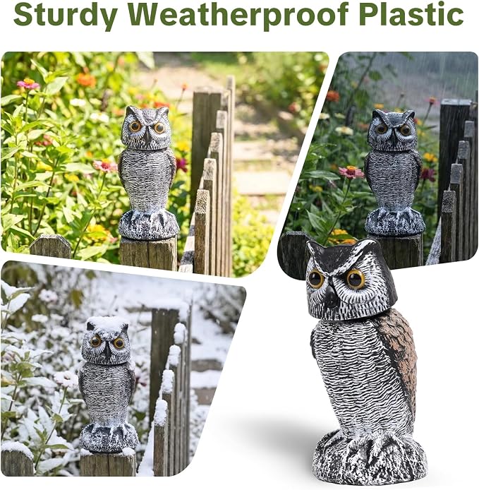 OFFO 3 Pack Fake Owl, Owl Statue for Garden and Yard Decoration, Weatherproof Plastic Rotating Head Outdoor Owl Decor for Porch Pool Patio Yard, 10-Inch Height, Round + Long + Short Ear Owl