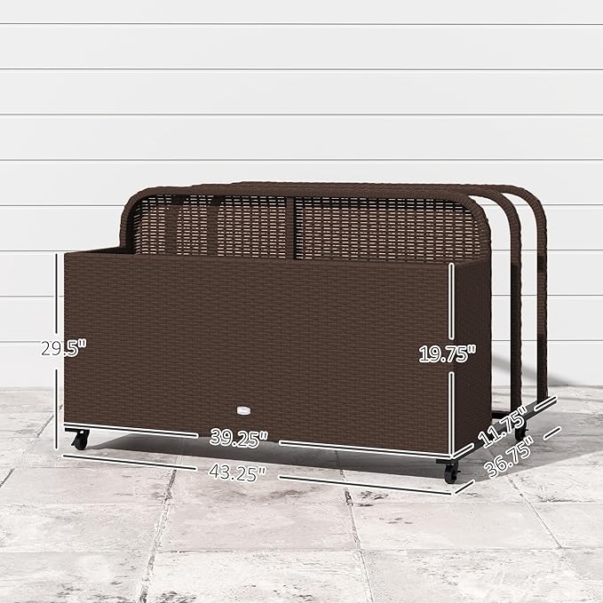 Outsunny Wicker Patio Pool Float Storage Basket, PE Rattan Outdoor Pool Caddy with Rolling Wheels for Floaties, Noodles, Life Vests, Beach Balls, Patio Furniture, Brown