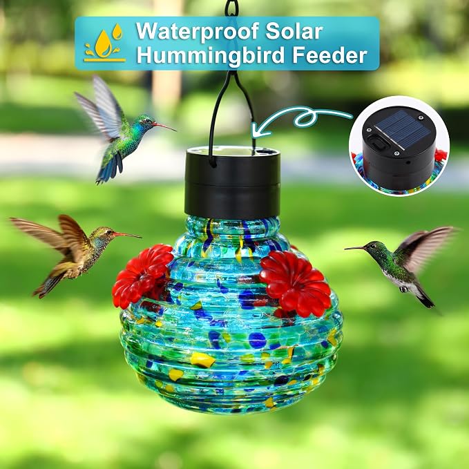 VOREEN Solar Hummingbird Feeder with Solar-Powered LED Light, Hand-Blown Glass 17 oz Hanging Outdoor Nectar Feeder, Waterproof Rust-Proof Easy-Clean Design, Eco-Friendly Garden Decor