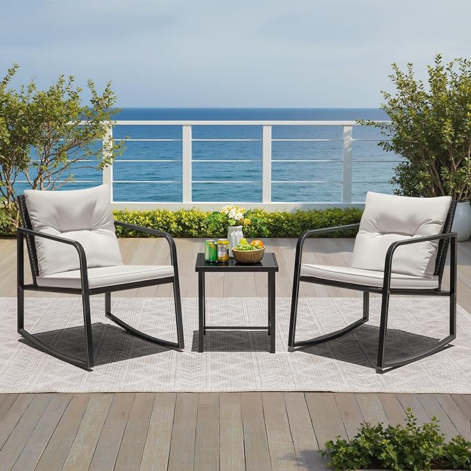 Greesum 3 Pieces Rocking Wicker Bistro Set, Patio Outdoor Furniture Conversation Sets with Porch Chairs and Glass Coffee Table, Beige