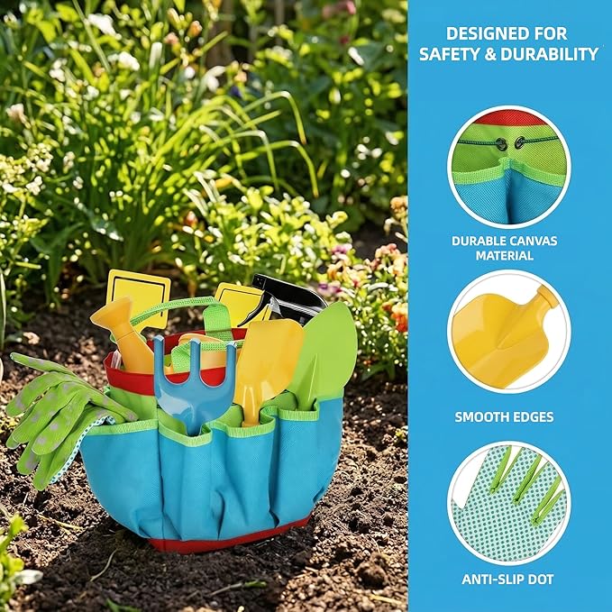 Cididu 8PCS Kids Garden Tools Set, Boys Girls Gardening Kit Tools Including Watering Can, Spray Bottle, Tote Bag, Trowel, Rake, Outdoor Garden Toy Gift for Beach