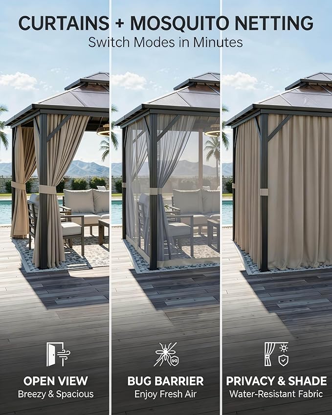 10' x 13' Hardtop Gazebo with Polycarbonate Double Roof, Aluminum Frame Permanent Pavilion with Curtains and Netting, Outdoor Gazebo for Patio Backyard（Khaki）