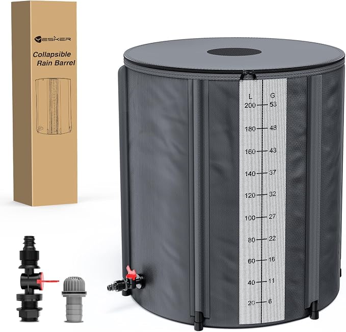 Yesker Collapsible Rain Barrel, 53 Gallon Portable Rainwater Collection System, 550D PVC Water Storage Tank, Rain Catcher with Spigots Filter Overflow Kit, Grey