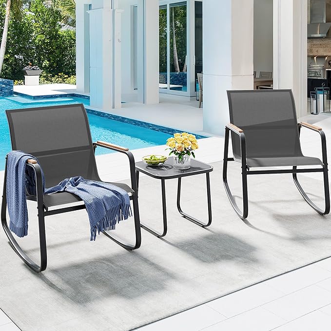 YITAHOME 3 Piece Rocking Bistro Set, Outdoor Patio Furniture Set with Wooden Armrests, Porch Chairs Set with Glass Table for Lawn, Garden, Balcony, Poolside, Dark Gray