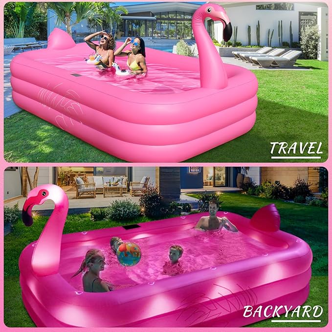 Inflatable Pool with Lights, Solar Flamingo Swimming Pool for Kids,Adults Inflatable Blow up Pool, Large Kiddie Pool,Durable Thickened Kids Pool for Backyard,Outdoor,100"X63"X20"-Bright Pink