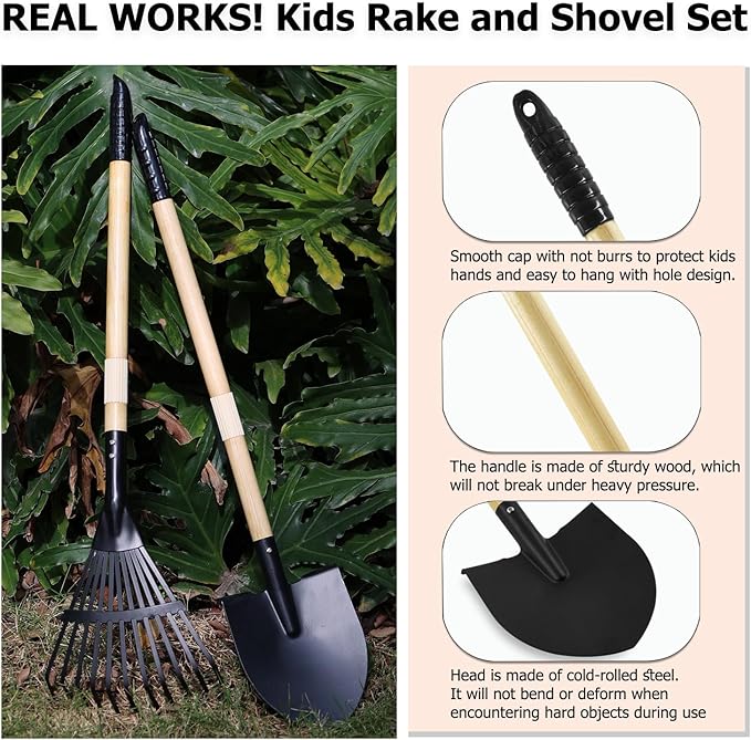 Kids Garden Tool Set, 2-Piece Rake and Shovel with Wooden Handles, 28 Inch Long, Black Metal Gardening Tools for Boys and Girls Digging Sand, Outdoor Toy Gifts for Sandbox
