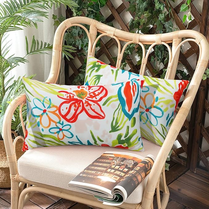 Merrycolor Set of 2 Outdoor Throw Pillow Covers 12x20 Inch Colorful Decorative Waterproof Outdoor Lumbar Pillows for Patio Furniture Tent Balcony Couch Sofa