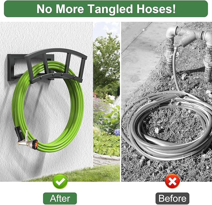 OLV Garden Hose Holder Wall Mounted, Outdoor Heavy Duty Metal Water Hose Holder Hanger Holds 125-ft Water Pipe, Sturdy Detachable Hose Storage Organizer Reel Rack for Outside Garden Lawn Yard Farm
