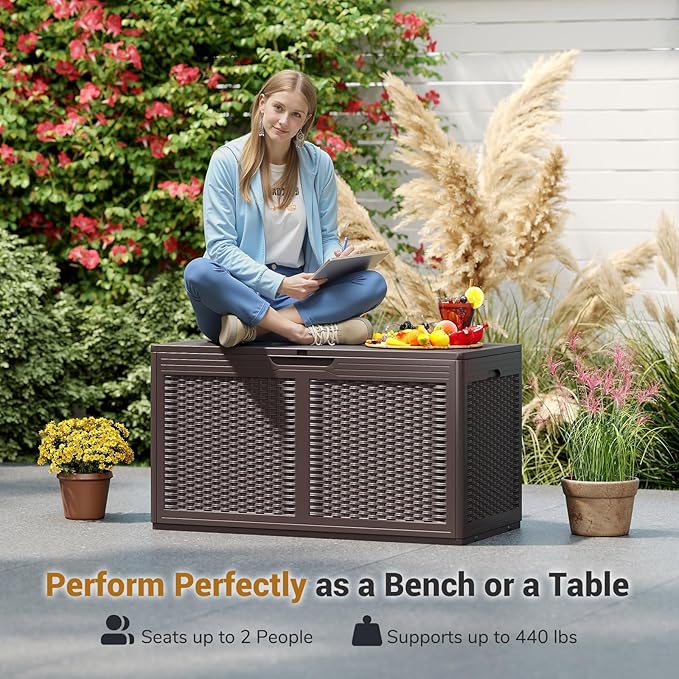 Moccha 100-Gallon Outdoor Storage Box - Waterproof Resin Deck Box with Lockable Lid & Wheels, Faux Rattan Outdoor Storage Bench for Pool Accessories, Garden Tool, Patio Furniture Cushion (Brown)