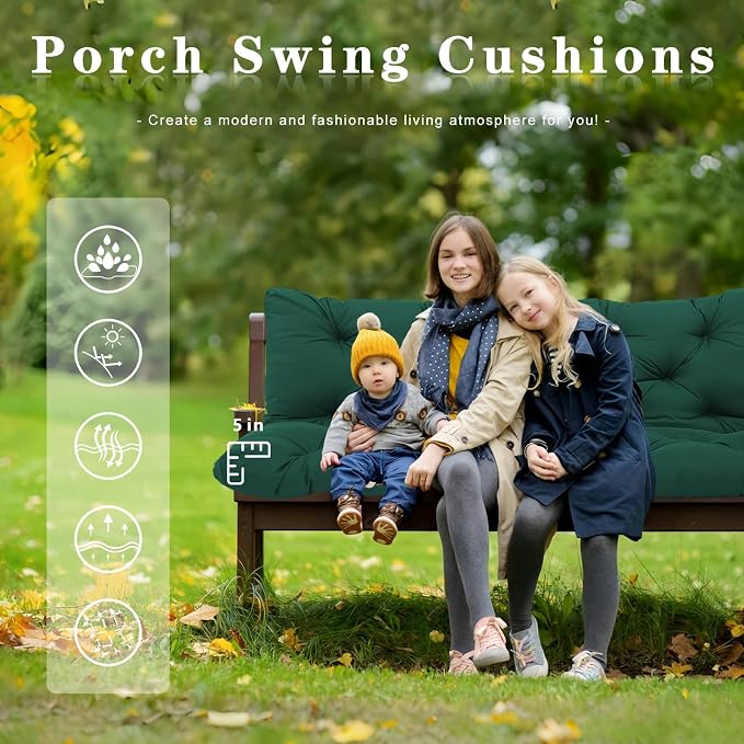 Porch Swing Cushions 48 inch Waterproof Outdoor 2 Seater Replacement Cushions with Backrest Thicken 5" Cushions for Porch Swing for Patio,Outdoor,Backyard and Garden(Dark Green 48×40×5inch)