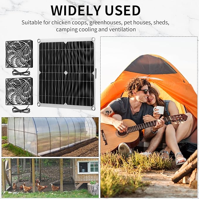 Riakrum 20W 16V Solar Panel Exhaust Fan Kit USB Portable Solar Powered Fan Summer Outdoor Waterproof Ventilator Fan for Chicken Coops, Greenhouses, Camping Exhaust (2 Sets)