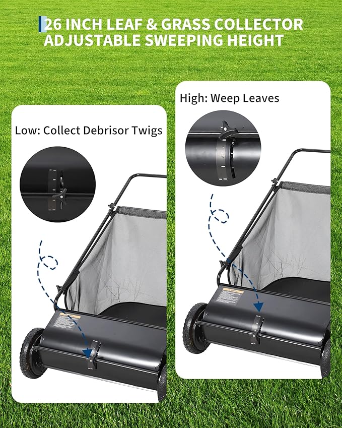 GarveeLife 26 Inch Push Lawn Sweeper with 4 Spinning Brushes, 7 Cu.ft Large Capacity Leaf Collector, Adjustable Height Grass Sweeper, All Terrain Lawn Leaf Debris Removal Tool for Yard Garden Patio