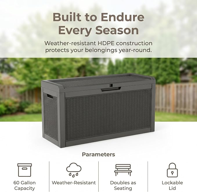 60 Gallon Deck Box, Waterproof Resin Outdoor Storage Box Lockable for Patio Furniture, Fade Resistant Patio Side Table & Organizer for Garden Tools, Pool Floats, Outdoor Cushions, Light Coffee