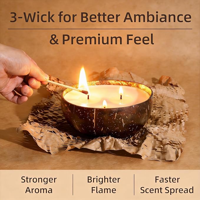 Viyffo Creamy Coconut Scented Candle, Large 18oz 3 Wick Non Toxic Soy Candles, Natural Coconut Shell Candle for Home, Soft & Creamy Aromatherapy for Relaxation & Spring Décor, Gift for Women & Men