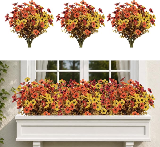 18 Bundles Artificial Fall Flowers for Outdoors, UV Resistant Fake Plants | Faux Silk Daisy Mums with Eucalyptus Stems for Outside Planters, Porch, Patio, Window Box, Garden and Farmhouse Decor
