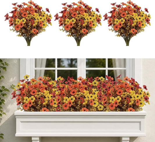 18 Bundles Artificial Fall Flowers for Outdoors, UV Resistant Fake Plants | Faux Silk Daisy Mums with Eucalyptus Stems for Outside Planters, Porch, Patio, Window Box, Garden and Farmhouse Decor