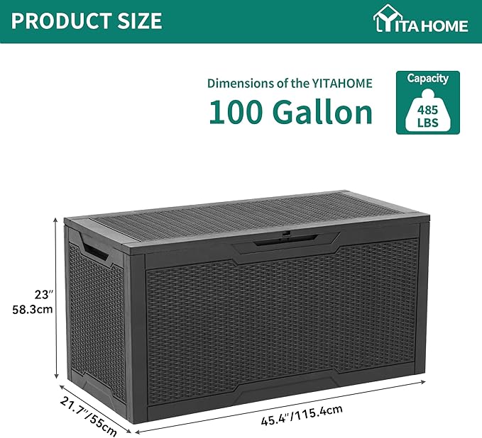 YITAHOME 100 Gallon Large Resin Deck Box Outdoor Storage Boxes for Patio Furniture, Outdoor Cushions, Garden Tools and Pool Supplies-Waterproof,Lockable (Black)