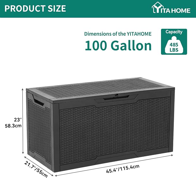 YITAHOME 100 Gallon Resin Deck Box, Weather Resistant Outdoor Storage Box, Lockable Indoor Outdoor Storage for Supplies and Essentials, Black
