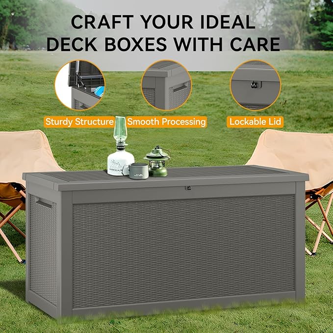 KAMABOKO 300 Gallon Outdoor Storage Box, Resin Deck Boxes Indoor and outdoor, Waterproof Storage Box Lockable Lid for Garden Tools, Package Delivery, Patio Cushions, Grey