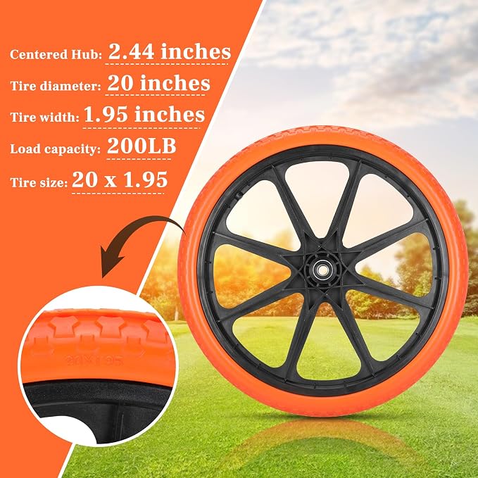 Upgraded 20x1.95" Flat Free Tires Compatible with rubbermaid Wheelbarrow Wheels, 20" Flat Free Tires with 5/8" and 3/4" Bearing Replacement for rubbermaid Cart Wheels/Big Wheel Utility Carts