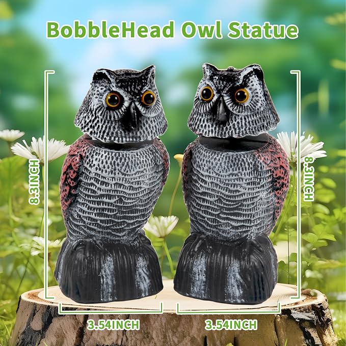 BobbleHead Owl Decoys Sculpture to Scare Birds Away, 3-Pack 8.3" Fake Owl Plastic Scarecrow Bird Deterrent, Natural Enemy Repellent, Garden Decor Statues for outside, Patio, Lawn, Yard Decoration