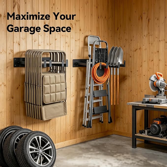 Expandable Folding Chair Storage Rack 2 Pack, 11.4"-15.7" Adjustable Heavy Duty Garage Organizers Hooks Wall Mount with EVA Padding for Ladders, Tools Hanger, and Bulk Items, Holds 200 lbs Each