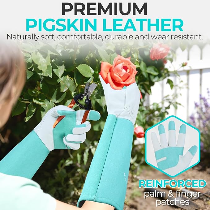 HANDLANDY Long Gardening Gloves for Men & Women, Thorn Proof Rose Pruning Gloves Leather Gauntlets Garden Glove Yard Work Glove (Teal Green, Large)