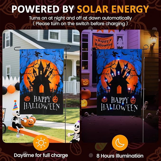 LED Christmas Haunted House Garden Flag Stake, Solar-Powered Double-Sided Outdoor Decor, Scary Yard Flag for Patio Lawn Thanksgiving Party Winter Holiday Decorations & Gifts