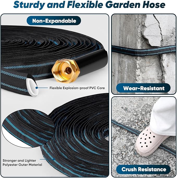 Garden Hose 100ft, Non-Expanding Water Hose, 8 Function Nozzle, Flexible Ultra-Light, Anti-Kink, Wear-Resistant, Portable, Easy Storage, Hose with 3/4 for Outdoor, Garden, Yard, Black Lake Blue