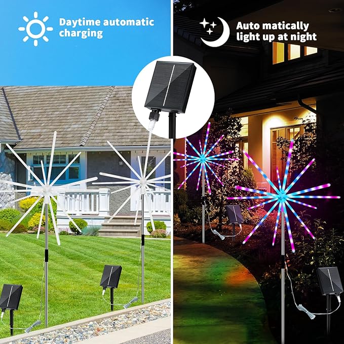 Solar Firework Lights Outdoor, 9 Colors 16 Modes Solar Garden Light Waterproof Solar Powered Starburst Light for Party Wedding Holiday Decoration Meteor Lights 2 Pack