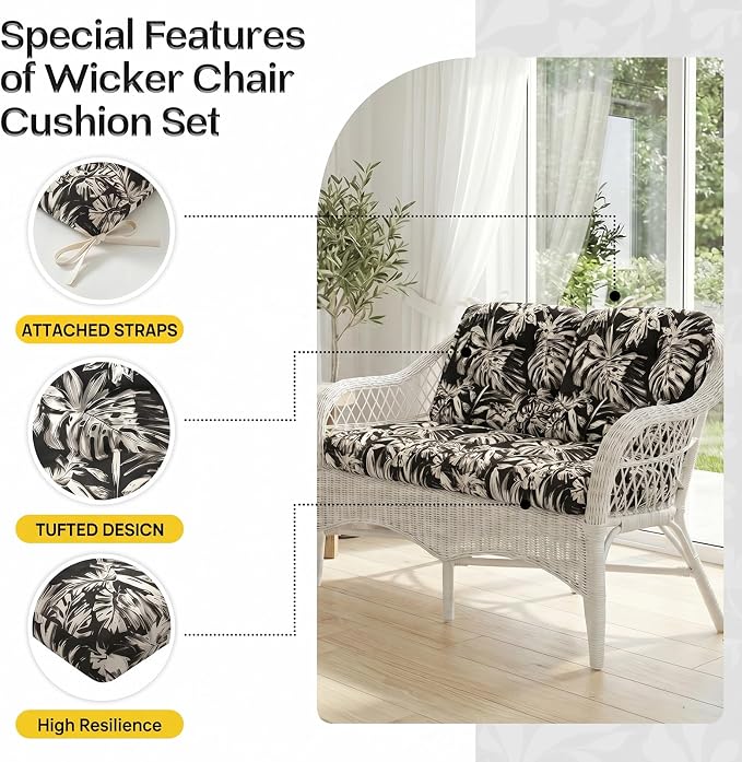 1 MIDDLE ONE Wicker Chair Cushions 3 Pieces Set for Outdoor Furniture, Replacement Patio Wicker Furniture Cushions, 1Pc Loveseat Cushion & 2Pcs Chair Cushions (Black Monstera)
