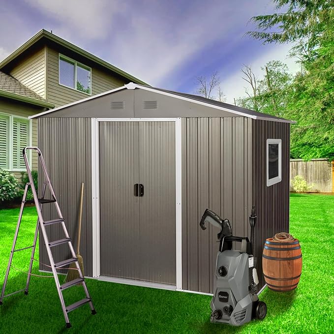 8FT x 6FT Outdoor Metal Storage Shed, Galvanized Steel Garden Shed with Lockable Sliding Door, Ventilated Tool Storage House with Foundation Kit, UV Resistant Backyard Shed forPatio Storage, Grey