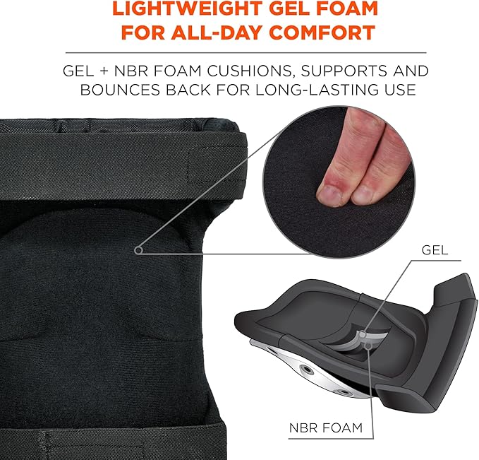 Gel Foam Knee Pads with Comfort Hinge Straps, Rubber Hard Cap, Hook & Loop Closure, Ergodyne ProFlex 435HL