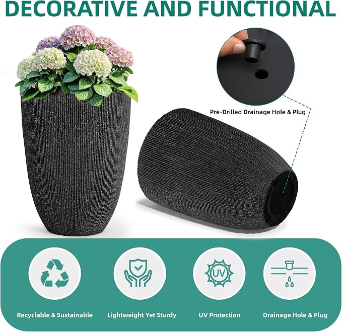 2 Pack 19" Tall Black Fluted Concrete-Look Resin Planters, Large Round UV-Resistant Flower Pots for Indoor Outdoor Plants, Decorative Ribbed Planters for Garden Patio Porch Home Office