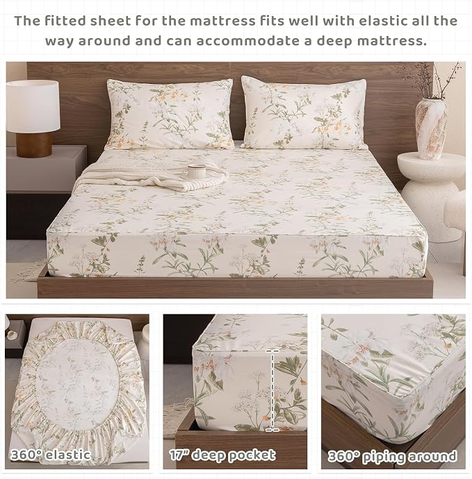 QSH Floral King Size Sheet Sets - 100% Egyptian Cotton Floral Bedding Sheets Yellow Green Leaves Flower Pattern Printed Bedding King Size Bed Sheets 17.5" Extra Deep Pocket 4pcs