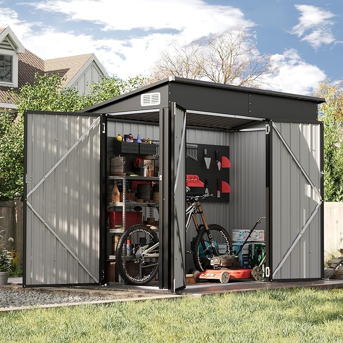 Outdoor Storage Shed, Metal Garden Tool Shed with Sloping Roof & Lockable Door for Patio Lawn Backyard (Brown, 10x8FT)
