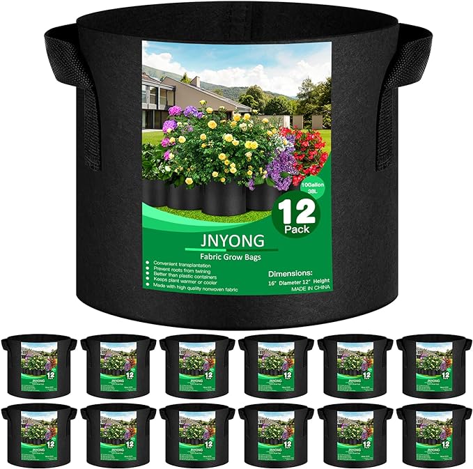JNYONG 12-Pack 10 Gallon Thickened Non-Woven Grow Bags, Aeration Fabric Pots with Handles