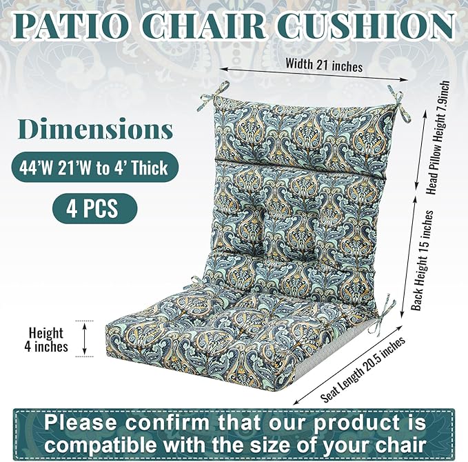 Sintuff 4 Pcs 44 x 21 x 4 Patio Chair Cushions Outdoor Chair Cushion Seat/Back Tufted Pillow with Ties Water Resistant Replacement Indoor Patio Furniture Outdoor Furniture (Paisley,Cyanine)
