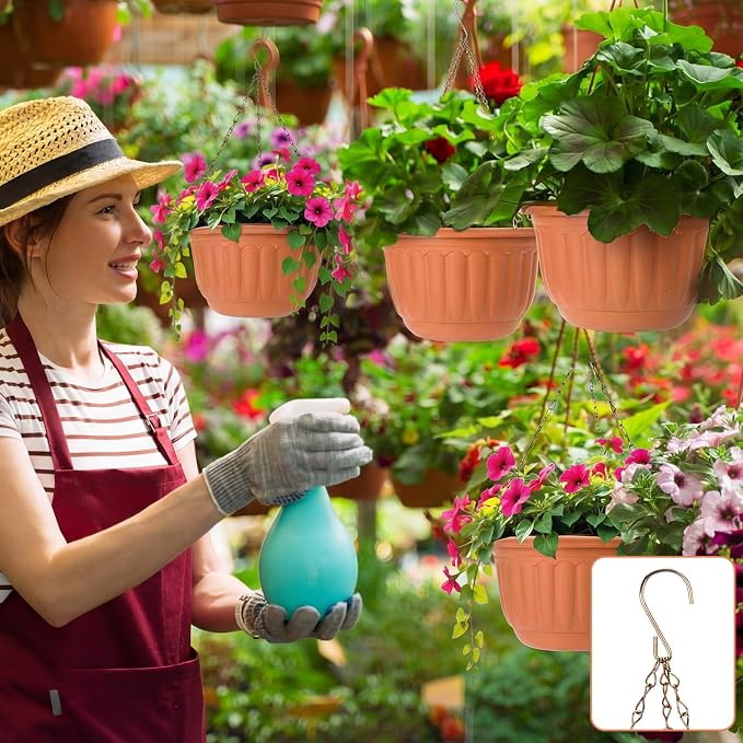 12 Sets Hanging Planters for Indoor and Outdoor Plants Self Watering Hanging Basket Flower Pots Plastic Plant Pots with Drainage Hole and Absorbing Tray(Terracotta,8 Inch)